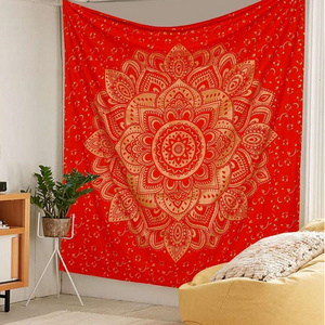 Wholesale Custom Indian Bohemian Mandala Printed Red Gold Wall Hanging Tapestry for Bedroom Decor