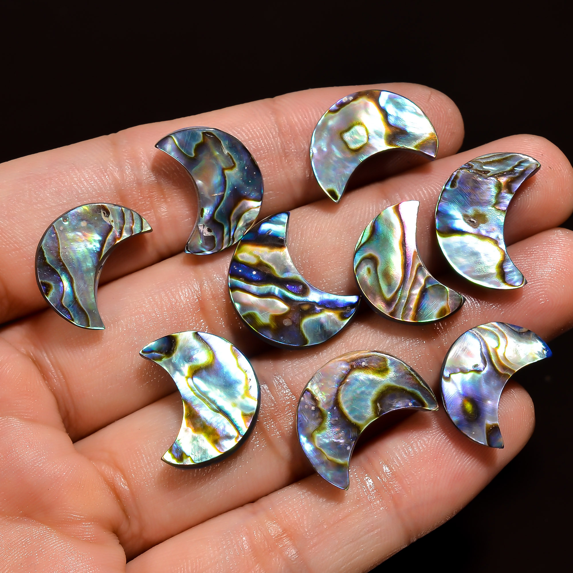 Abalone Shell Moon, Abalone Shell Crescent Half Moon Cabochon, Rainbow Flashy Shell Moon Gemstone Pendant Jewelry Supply