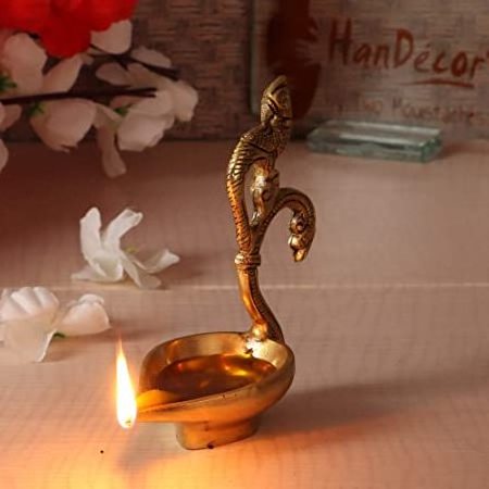 brass akhand diya oil lamp for puja - large round crystal deepak for home office pooja articles decor