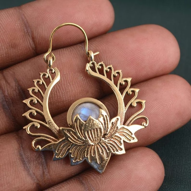 Moonstone Louts mandala Flower Earring, 925 Sterling Silver Lotus Hoop Traditional Earrings Handmade Jewelry