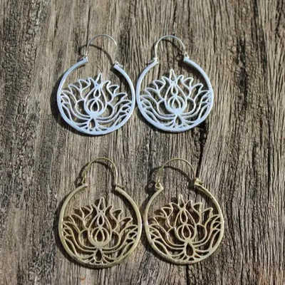 Lotus Earrings, Brass Tribal Hoops,Bohemian Earrings, Boho Earrings, dangle drop Earrings Brass Jewelry