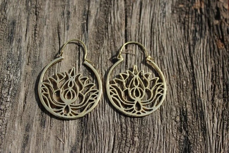 Lotus Earrings, Brass Tribal Hoops,Bohemian Earrings, Boho Earrings, dangle drop Earrings Brass Jewelry