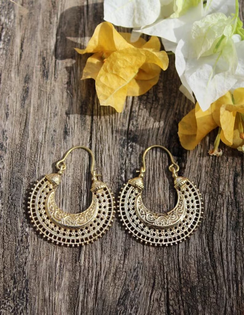 Beautiful Tribal Brass Hoops Earrings Traditional design Ethnic Gypsy Indian Brass Jewelry Bohemian Earrings