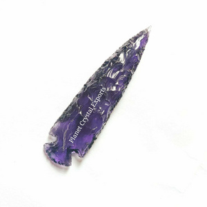 Wholesale Purple Glass 6Inch Arrowhead Indian Agate Hand Knapped Arrowhead Handmade Glass Arrowhead For Hunting & Archer