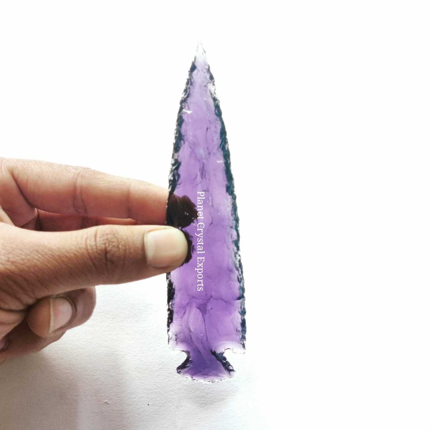 Wholesale Purple Glass 6Inch Arrowhead Indian Agate Hand Knapped Arrowhead Handmade Glass Arrowhead For Hunting & Archer