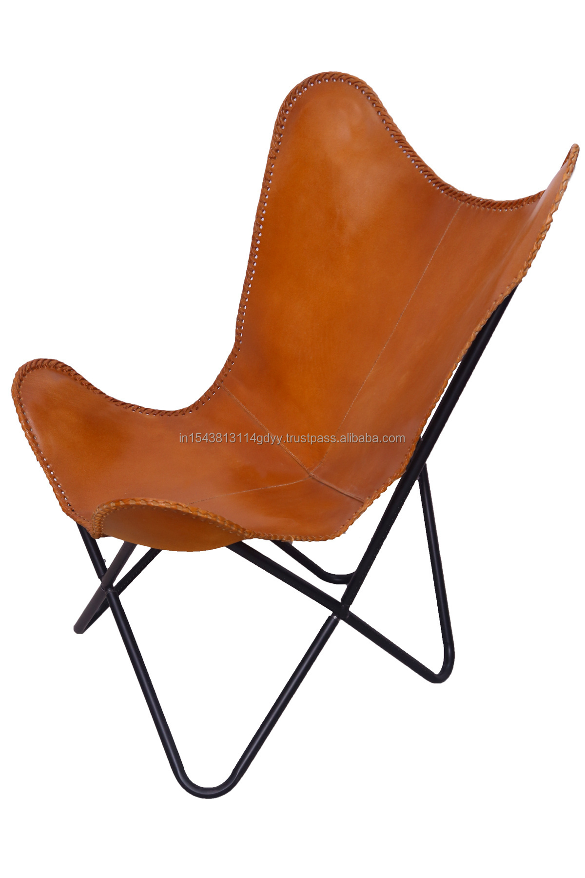 vintage Handmade Leather Butterfly Sling Chair With Footrest Foot Stool Powder Coated Iron Frame Leather Comfortable Chair