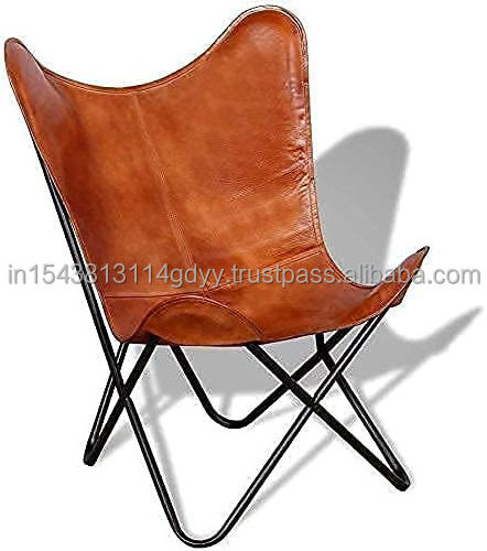 vintage Handmade Leather Butterfly Sling Chair With Footrest Foot Stool Powder Coated Iron Frame Leather Comfortable Chair