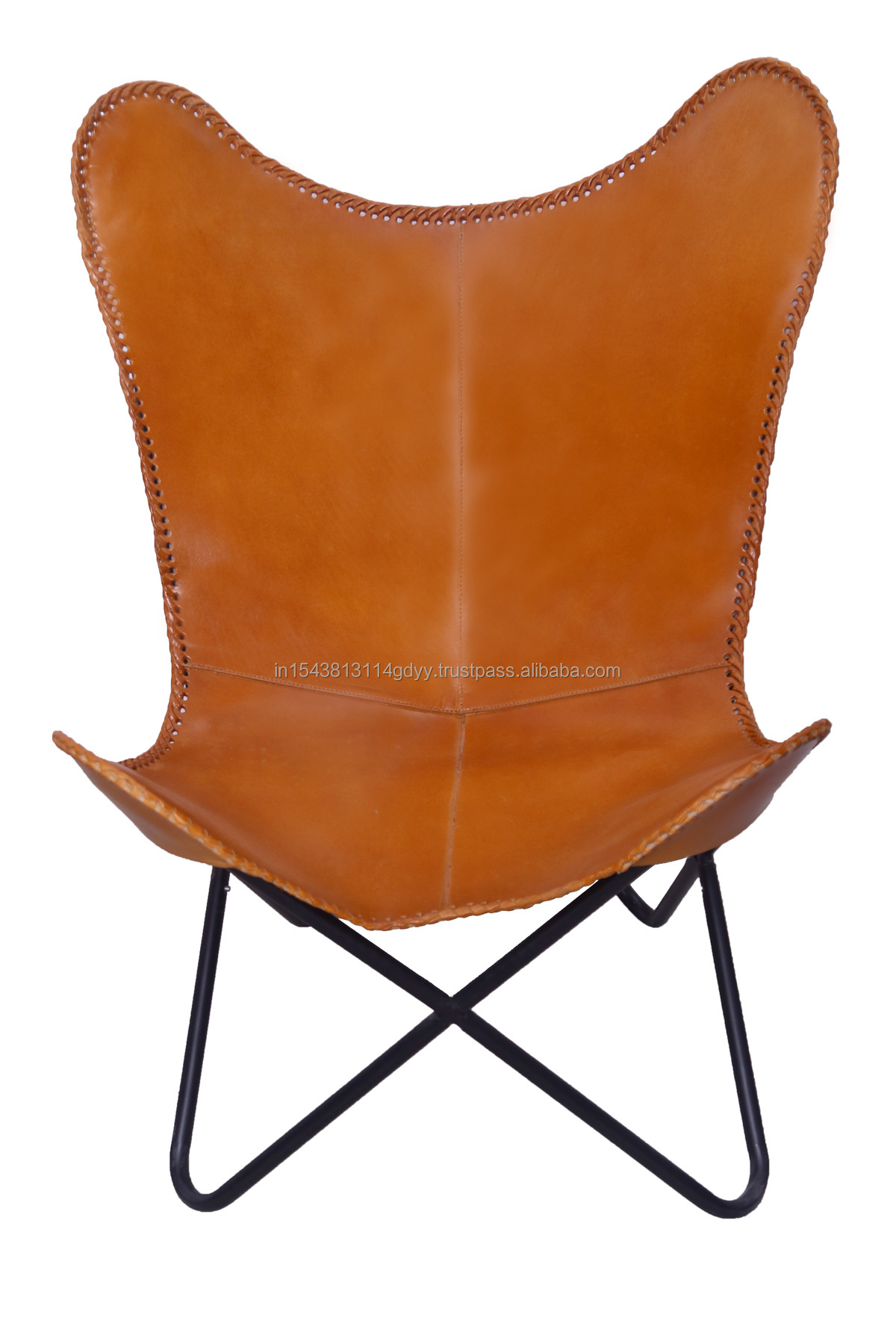 vintage Handmade Leather Butterfly Sling Chair With Footrest Foot Stool Powder Coated Iron Frame Leather Comfortable Chair