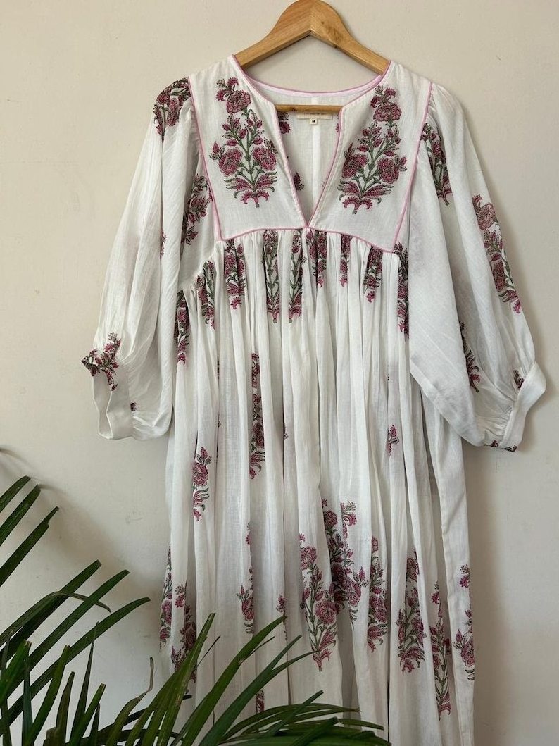 Indian handmade sewing craft women long kaftan dress best manufacturing hand block pure cotton tunic women dress