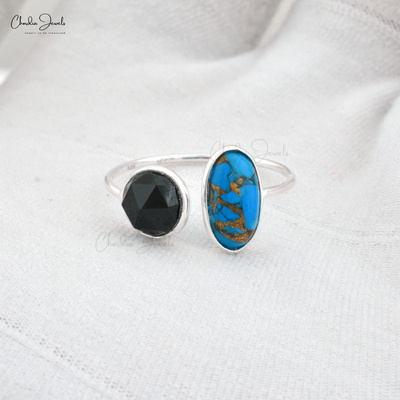 Personality Adjustable 925 Sterling Silver Open Cuff Finger Ring Turquoise & Black Onyx Two Stone Promise Ring Top Manufacturer