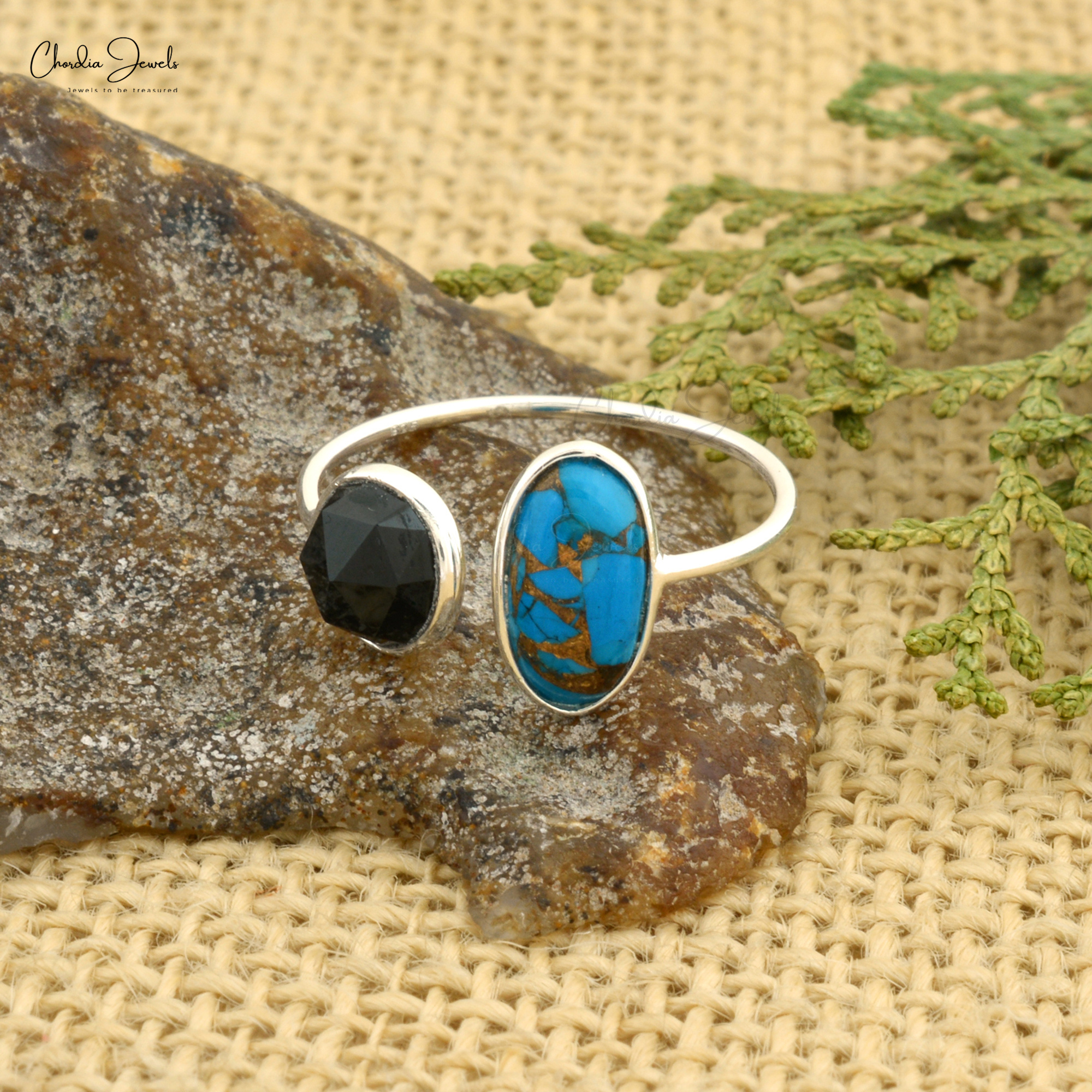 Personality Adjustable 925 Sterling Silver Open Cuff Finger Ring Turquoise & Black Onyx Two Stone Promise Ring Top Manufacturer