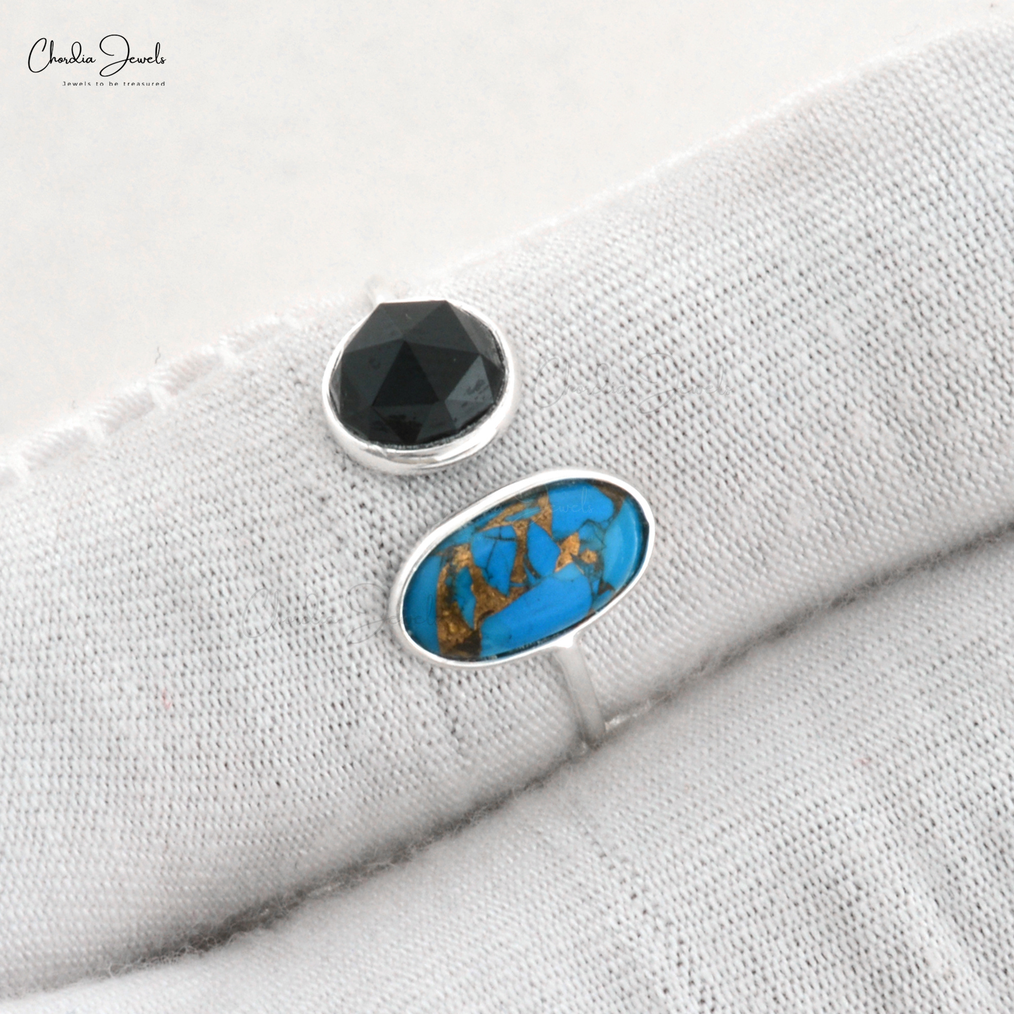 Personality Adjustable 925 Sterling Silver Open Cuff Finger Ring Turquoise & Black Onyx Two Stone Promise Ring Top Manufacturer