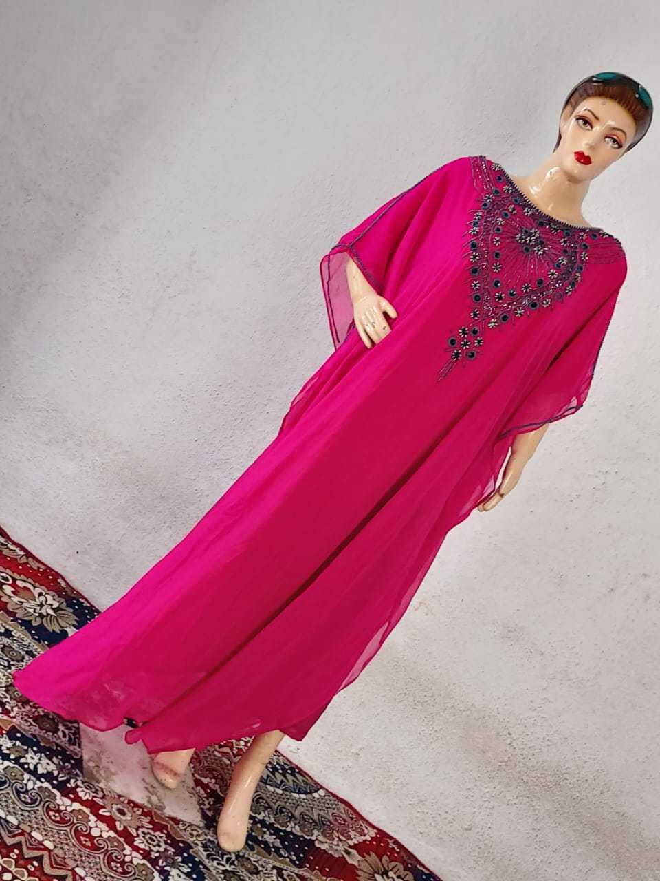 Fashion Women Lace Fabric Embroidery Long Sleeve Maxi Dress Pink Kaftan