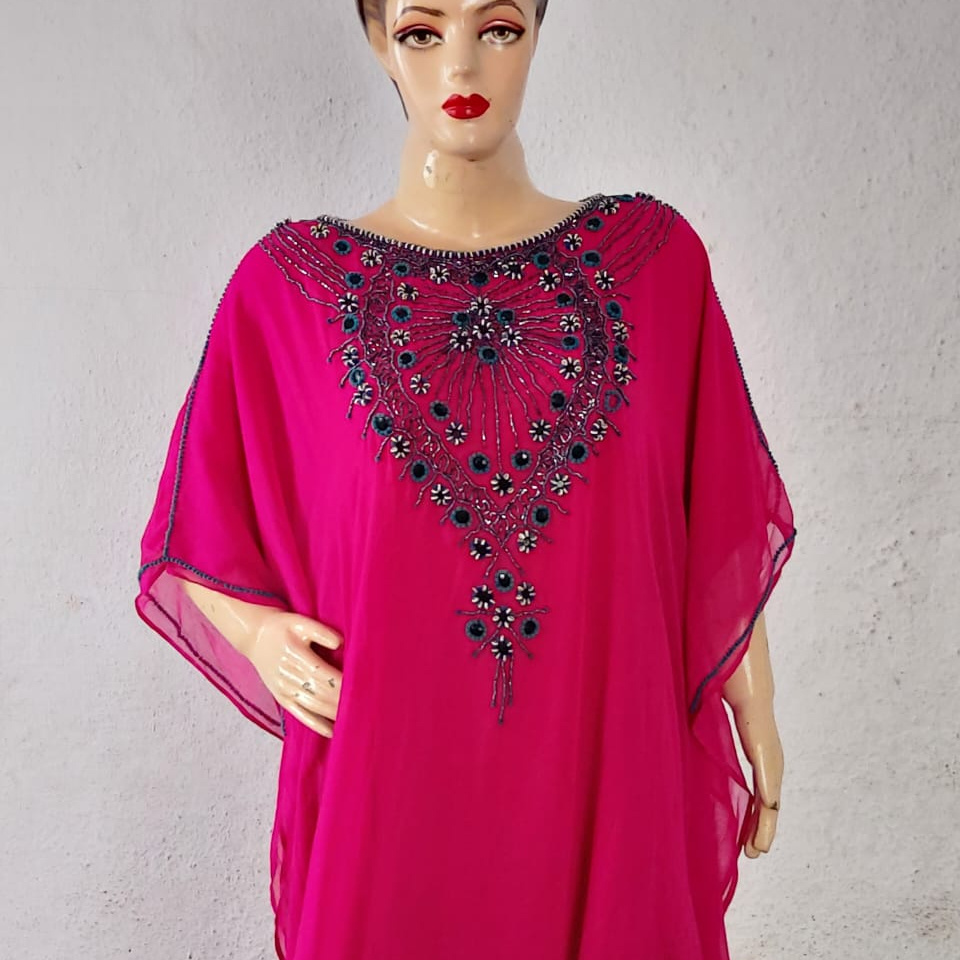 Fashion Women Lace Fabric Embroidery Long Sleeve Maxi Dress Pink Kaftan