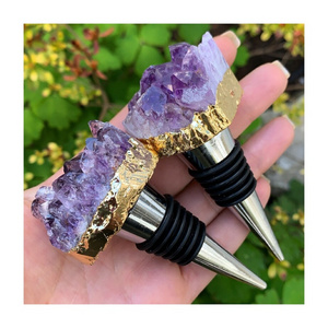 Wholesale Natural Raw Amethyst Druzy Gold Plated Healing Crystal WINE STOPPER Amethyst Vacuum BOTTLE STOPPER For Decoration