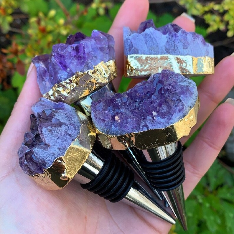 Wholesale Natural Raw Amethyst Druzy Gold Plated Healing Crystal WINE STOPPER Amethyst Vacuum BOTTLE STOPPER For Decoration