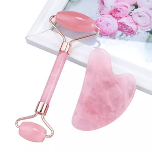 High Quality Natural Pink Jade Roller Gua Sha Facial Skin Care Tool Anti aging Face Massager Roller With Gua Sha Combo With Box