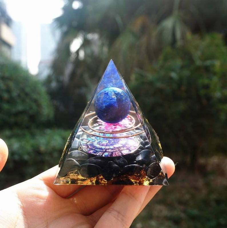 New Arrivals Black Obsidian Orgonite Pyramid With Lapis Lazuli Sphere Wholesale Premium Quality Orgone Pyramid EMF Protection