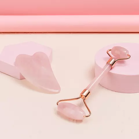 High Quality Natural Pink Jade Roller Gua Sha Facial Skin Care Tool Anti aging Face Massager Roller With Gua Sha Combo With Box