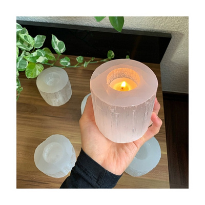 Wholesale Round Shape WHITE SELENITE CANDLE HOLDER Natural Healing Selenite Crystal Candle Holder For Decoration