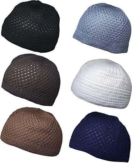 Muslim Beanie Cap Islamic Kufi Prayer Knit Hat Crochet Taqiyah Takke Skull Topi Pack 6 Colors Unisex Adults Plain Image ALL Size