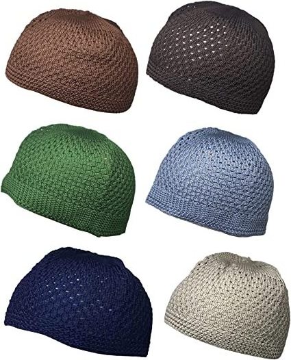 Muslim Beanie Cap Islamic Kufi Prayer Knit Hat Crochet Taqiyah Takke Skull Topi Pack 6 Colors Unisex Adults Plain Image ALL Size