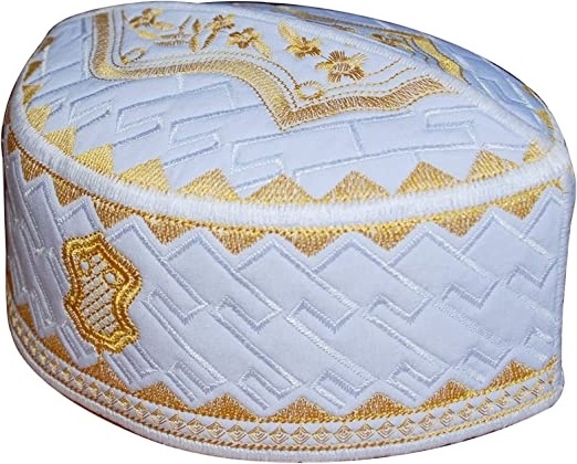 White and Golden Embroidered Sandal Kufi Crown Cap Muslim Hat