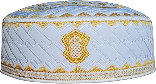 White and Golden Embroidered Sandal Kufi Crown Cap Muslim Hat