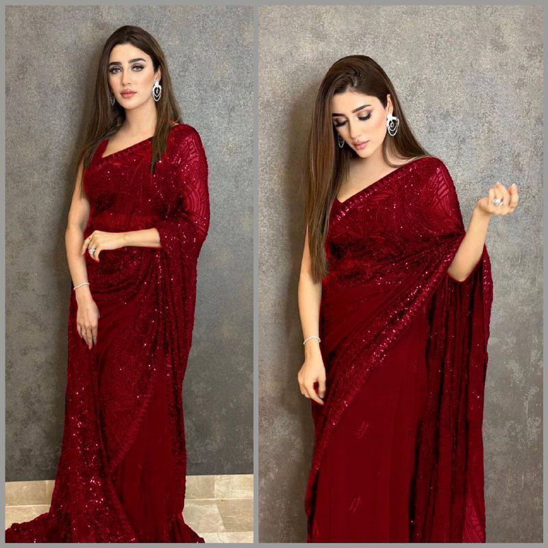 New Collection Sequence Embroidery Work in Double Run Thread Party Wear Saree Available at Wholesale Price