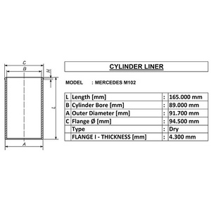 mercedes m102 for Dry cylinder liner id 89 od 91.7 length 165 made in india