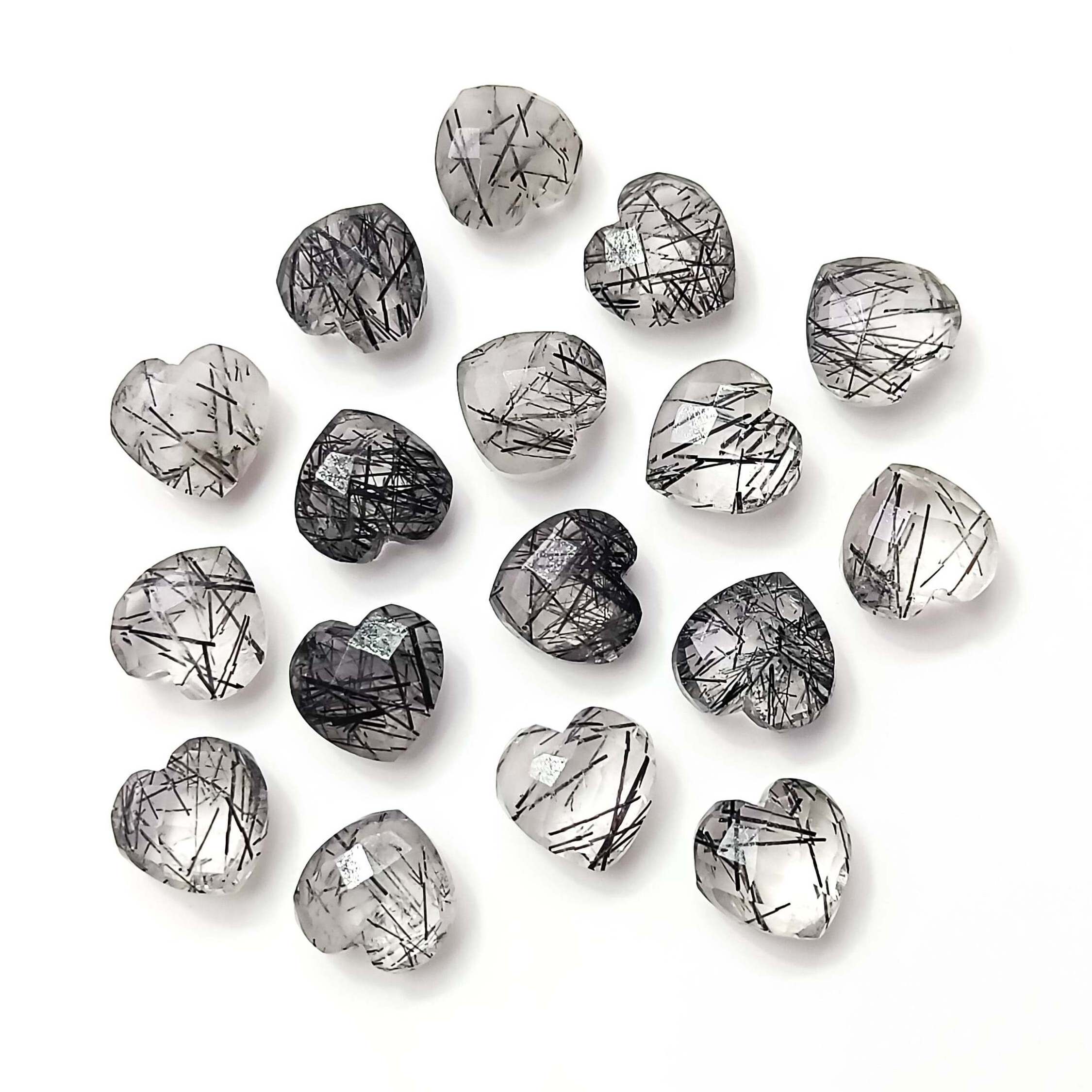 Black Rutilated Quartz Heart Shape Briolette's Natural Rutile  Faceted Heart Shape Gemstones Loose Hand Carved Beads Heart Beads