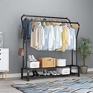 Garment Rack Drying Rack, Freestanding Clothes Hanger, Double Rails Bedroom Clothing Rack with 2-Tier