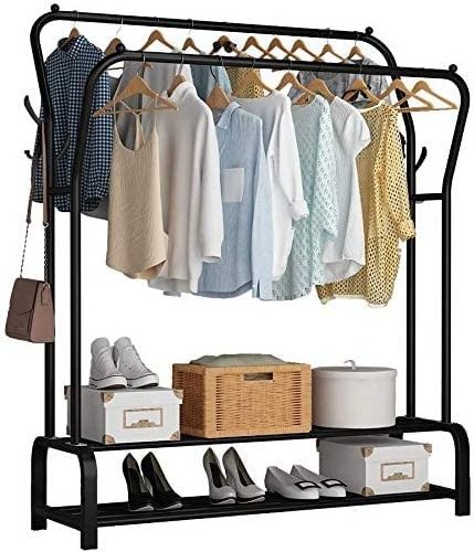 Garment Rack Drying Rack, Freestanding Clothes Hanger, Double Rails Bedroom Clothing Rack with 2-Tier