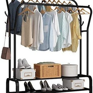 Garment Rack Drying Rack, Freestanding Clothes Hanger, Double Rails Bedroom Clothing Rack with 2-Tier