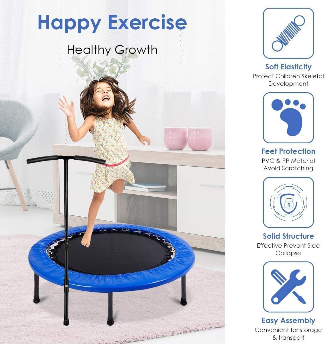 Premium Fitness Trampoline for Adults and Kids Rebounder Trampoline with Padding & Springs Elastic Safe for Indoor  & Outdoor