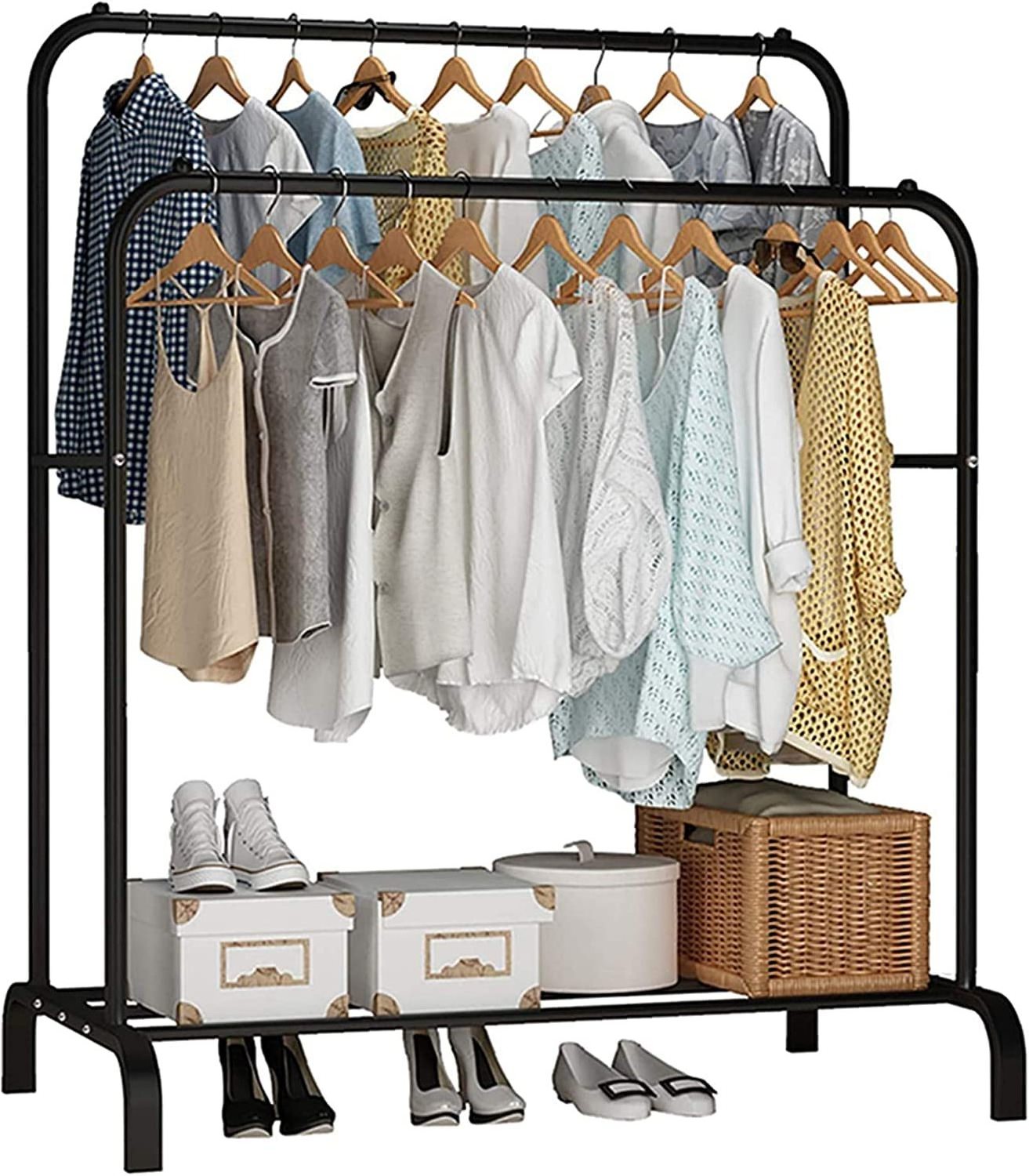 Clothing Double Rod Garment Rack with Shelves, Metal Hang Dry Clothes Rack for Hanging Clothes,with Top Rod