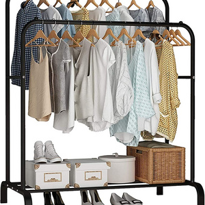 Clothing Double Rod Garment Rack with Shelves, Metal Hang Dry Clothes Rack for Hanging Clothes,with Top Rod