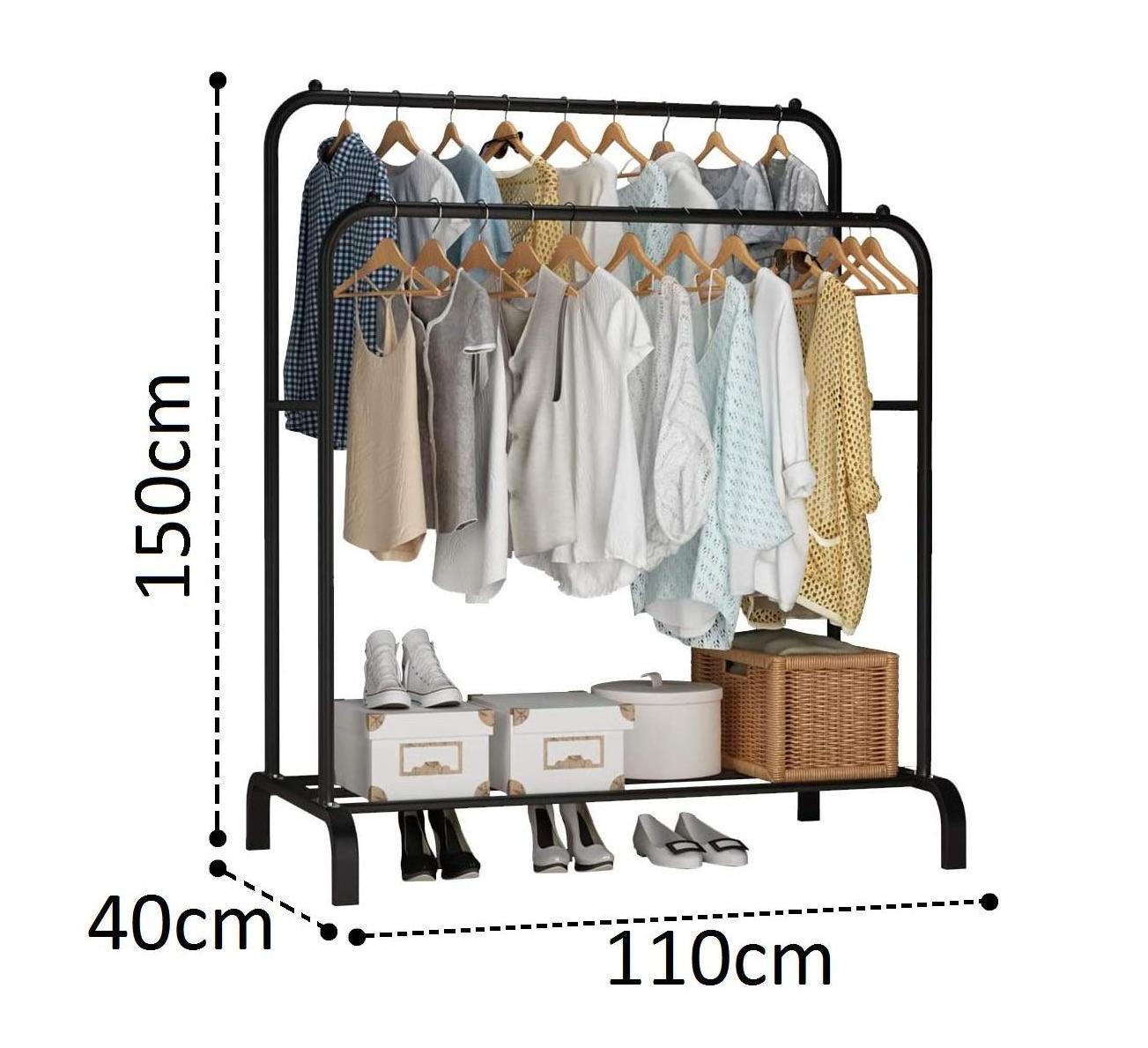 Clothing Double Rod Garment Rack with Shelves, Metal Hang Dry Clothes Rack for Hanging Clothes,with Top Rod