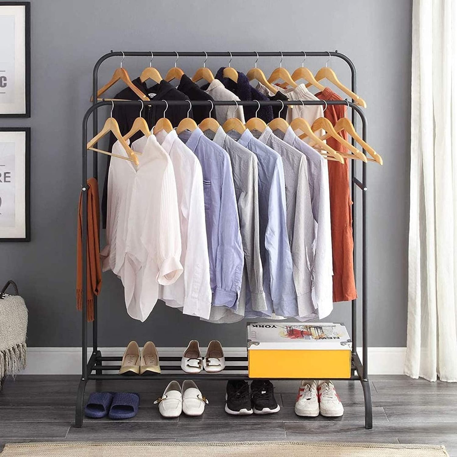 Clothing Double Rod Garment Rack with Shelves, Metal Hang Dry Clothes Rack for Hanging Clothes,with Top Rod