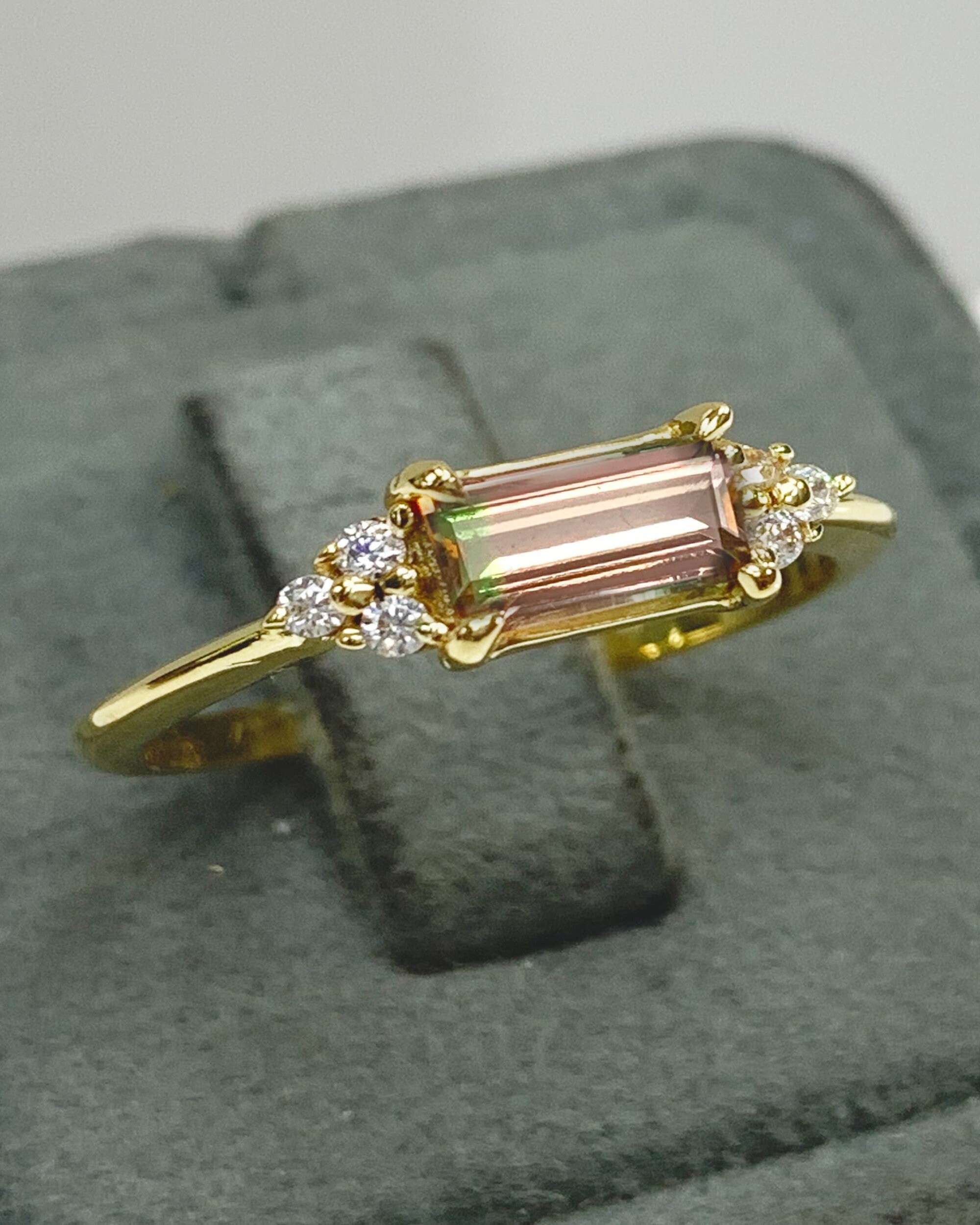 Certificated Watermelon Natural Tourmaline Classic Engagement Ring  Emerald Cut Cluster Ring 14K 28kGold October Genuine Gemston