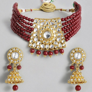 Meenakari Kundan Flower Necklace Earrings Polki Diamond Jewelry  Semiprecious Dark Red Gemstone Beaded Bridesmaid Necklace