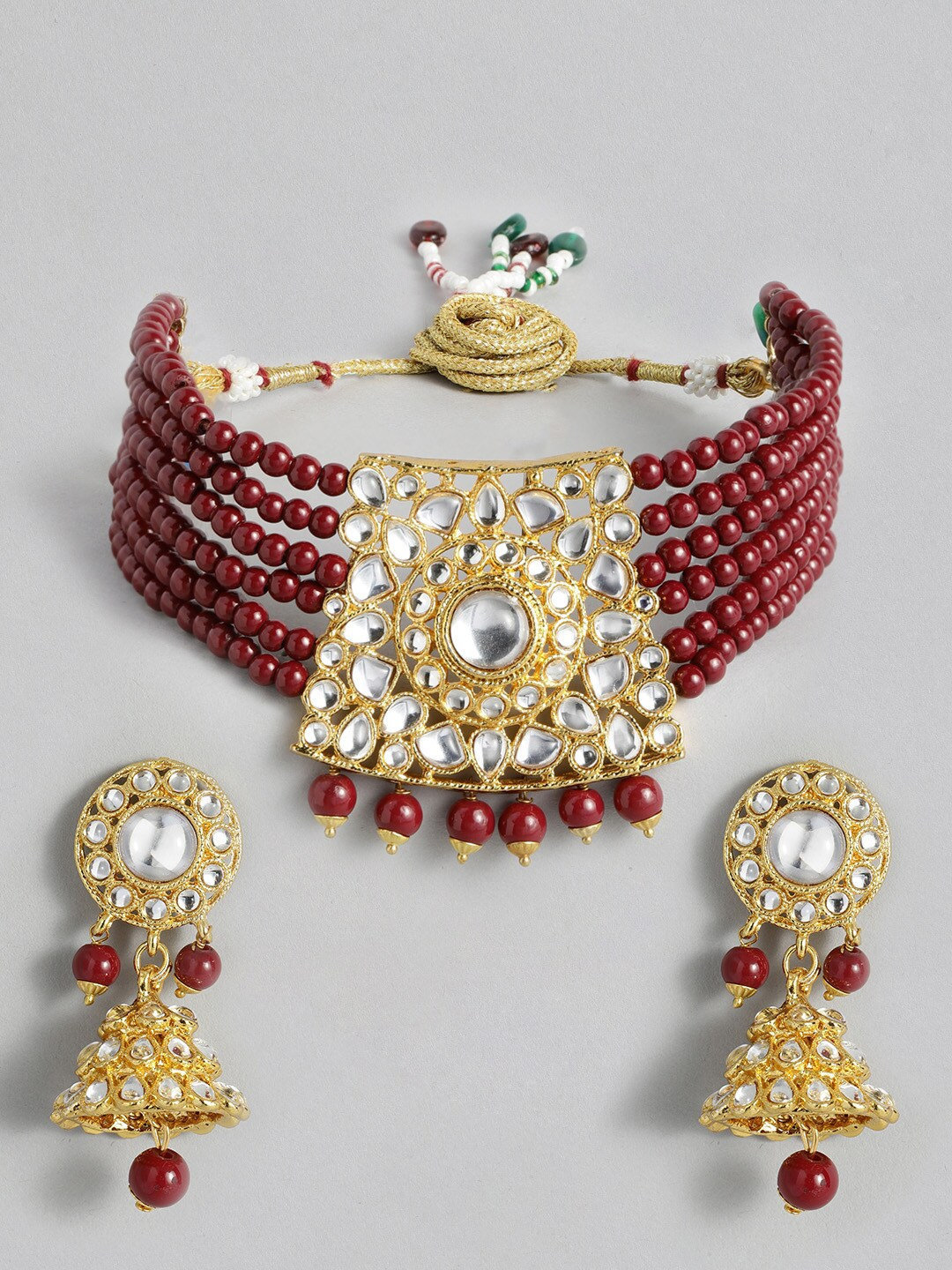 Meenakari Kundan Flower Necklace Earrings Polki Diamond Jewelry  Semiprecious Dark Red Gemstone Beaded Bridesmaid Necklace