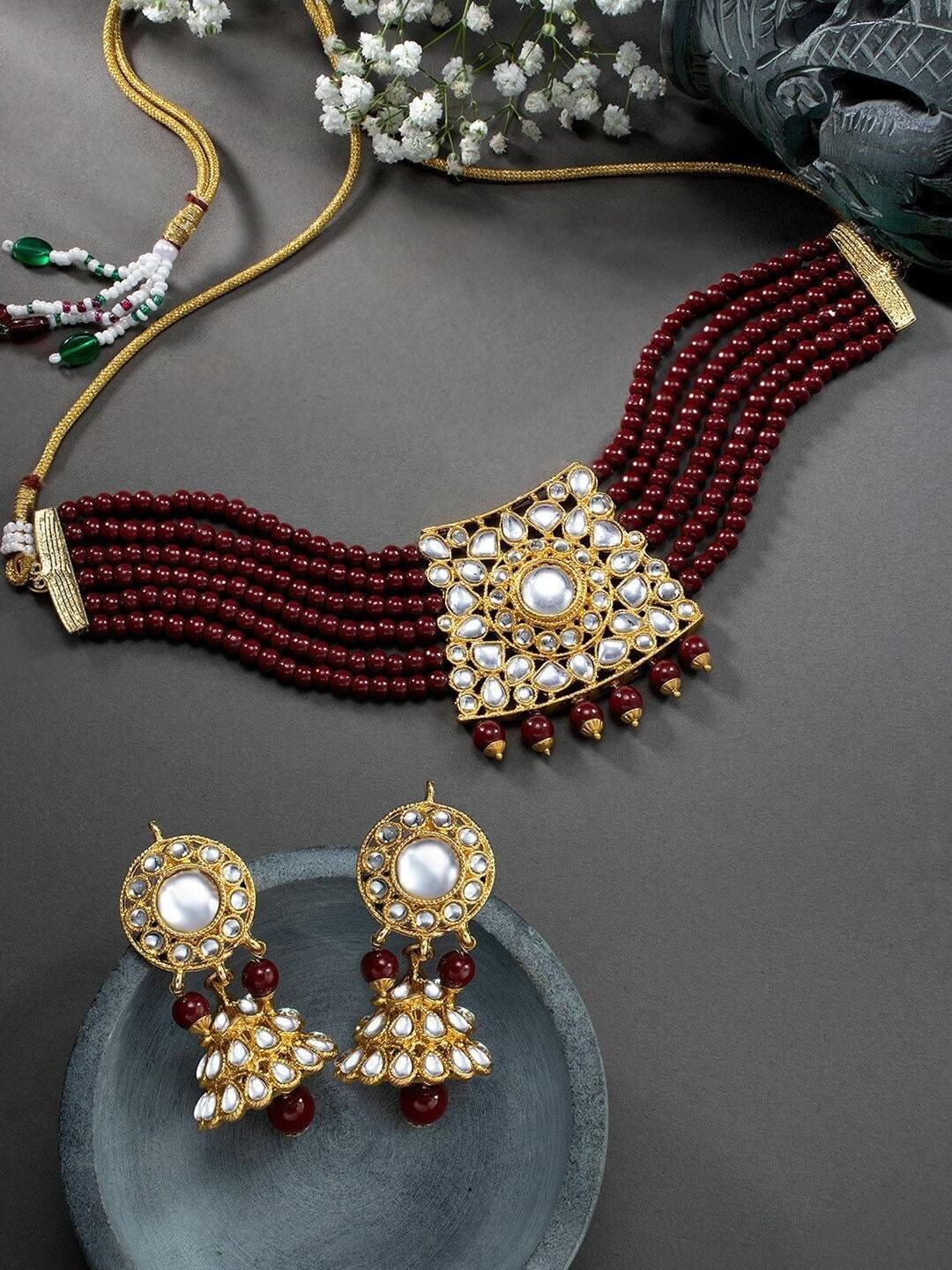 Meenakari Kundan Flower Necklace Earrings Polki Diamond Jewelry  Semiprecious Dark Red Gemstone Beaded Bridesmaid Necklace