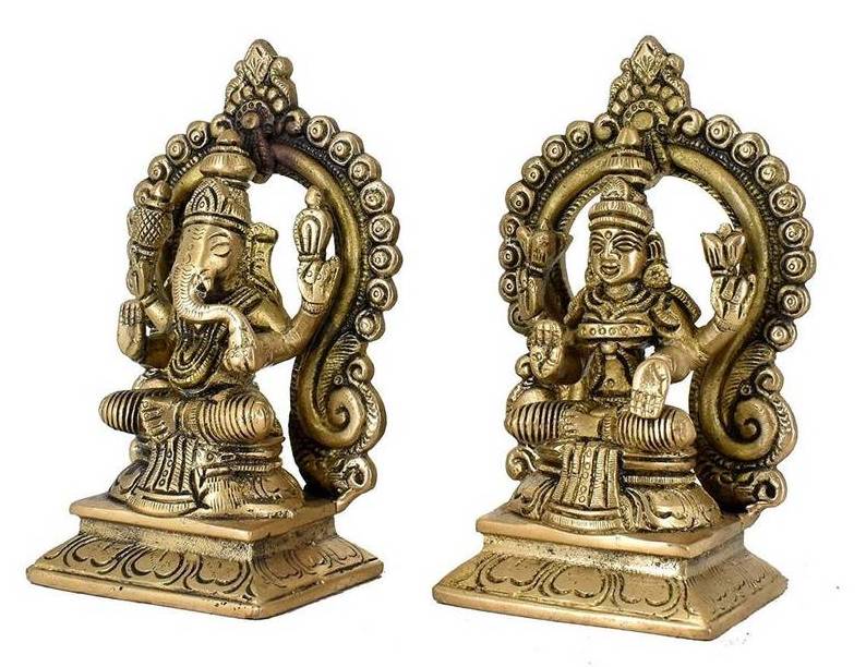 Hindu Religious Golden Finish Brass Lakshmi Ganesh Sculpture Beautiful Statue for Diwali Gifts Puja Home Decor Figurine Bulk