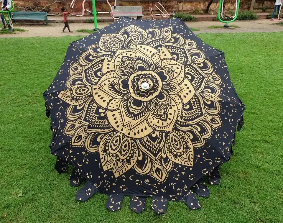 Indian Bohemian Beach Parasols , Sun Shade Patios,Handmade Unique Block Print Mughal Flower Buta Design Garden umbrella