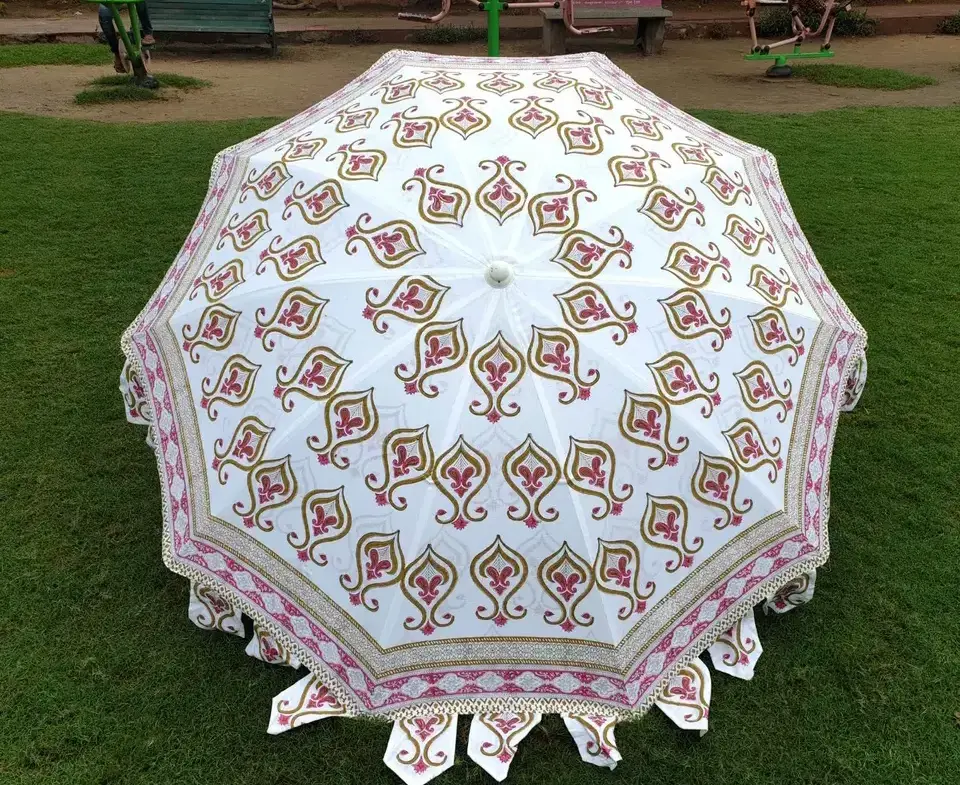 Indian Bohemian Beach Parasols , Sun Shade Patios,Handmade Unique Block Print Mughal Flower Buta Design Garden umbrella