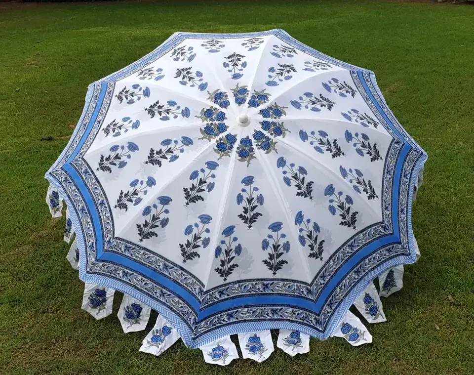 Indian Bohemian Beach Parasols , Sun Shade Patios,Handmade Unique Block Print Mughal Flower Buta Design Garden umbrella