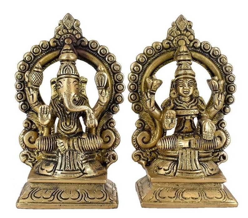 Hindu Religious Golden Finish Brass Lakshmi Ganesh Sculpture Beautiful Statue for Diwali Gifts Puja Home Decor Figurine Bulk