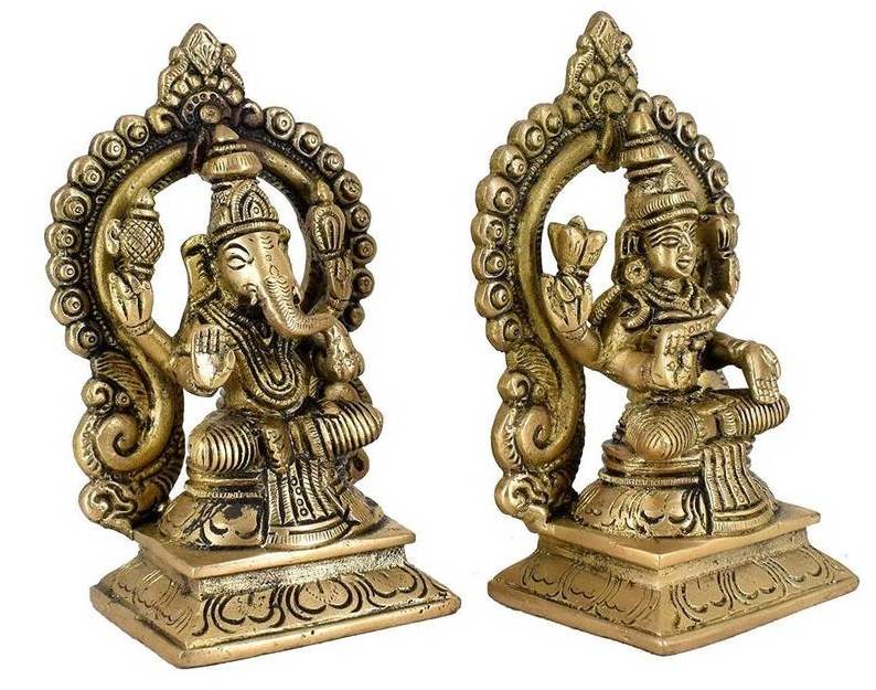 Hindu Religious Golden Finish Brass Lakshmi Ganesh Sculpture Beautiful Statue for Diwali Gifts Puja Home Decor Figurine Bulk