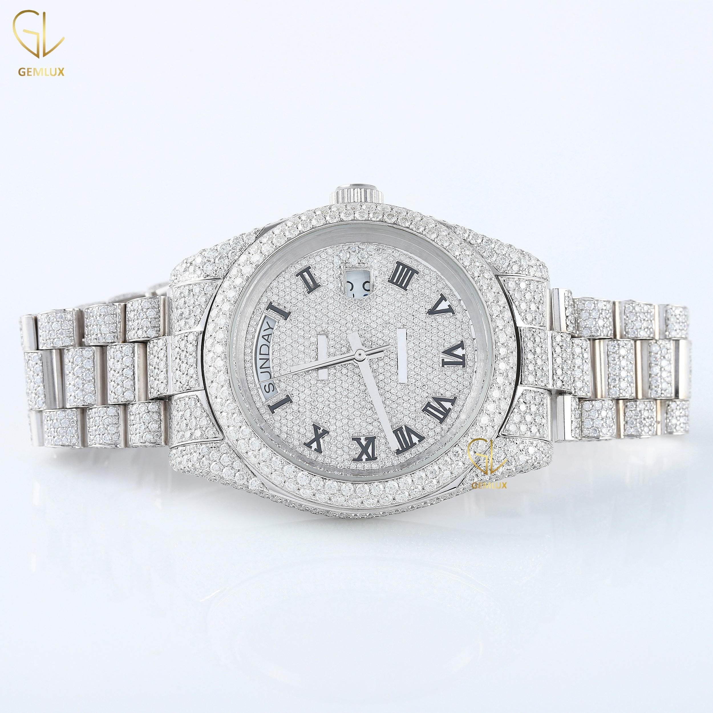 New Trendy charm fully iced out D vvs round brilliant cut crystal romal dial Just Date  real Moissanite diamond jewelry watch